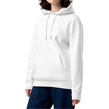 Person wearing a white organic hoodie with a Lane Line Threads logo on a white background
