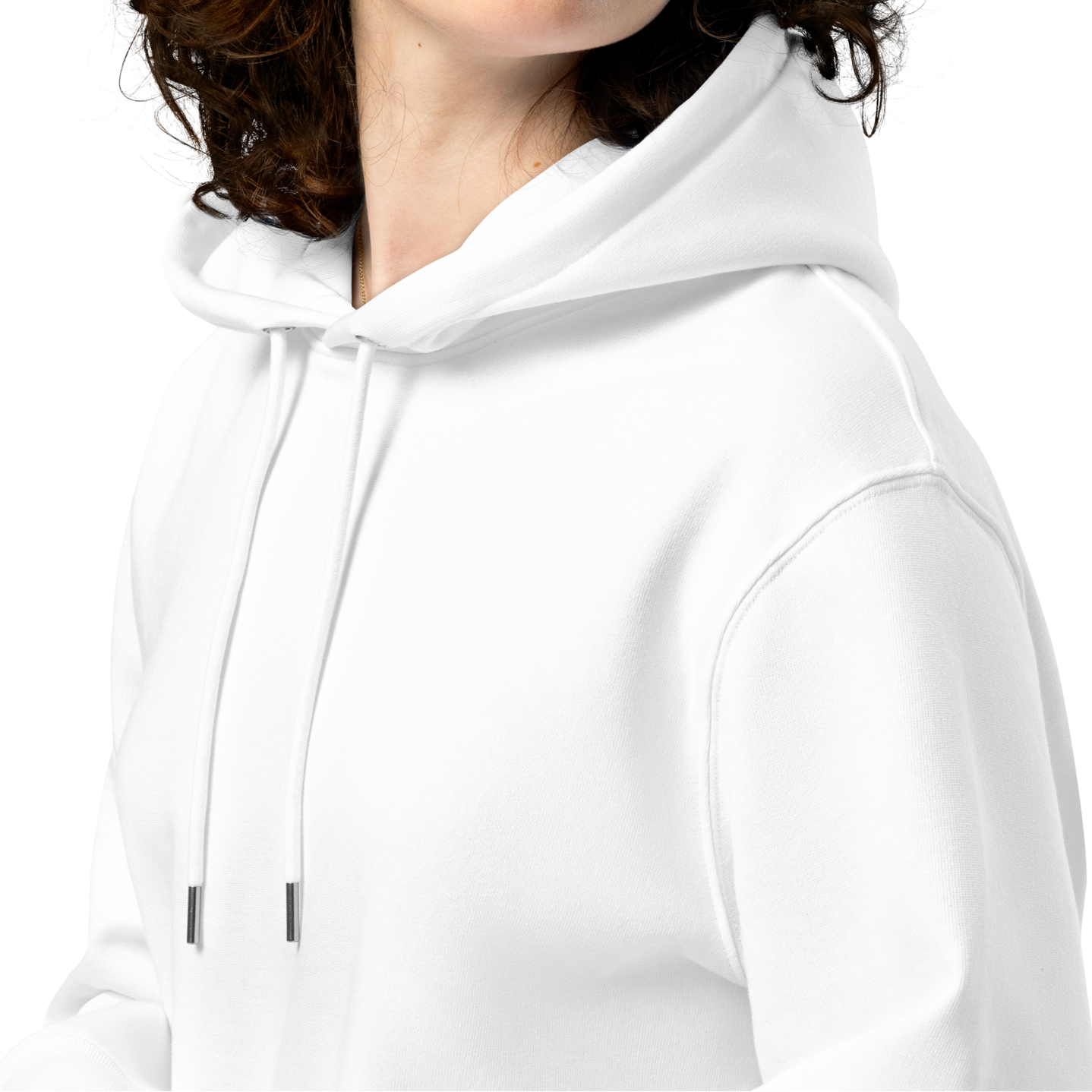 White organic hoodie worn by a person on a white background
