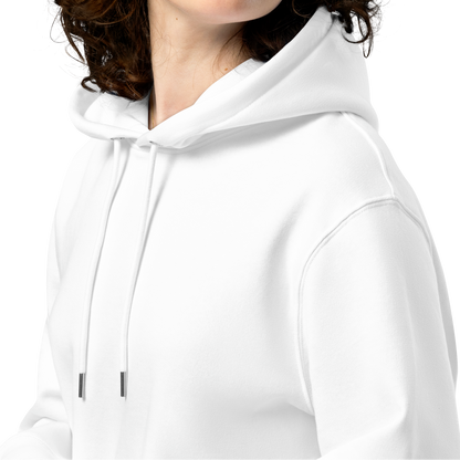 White organic hoodie worn by a person on a white background
