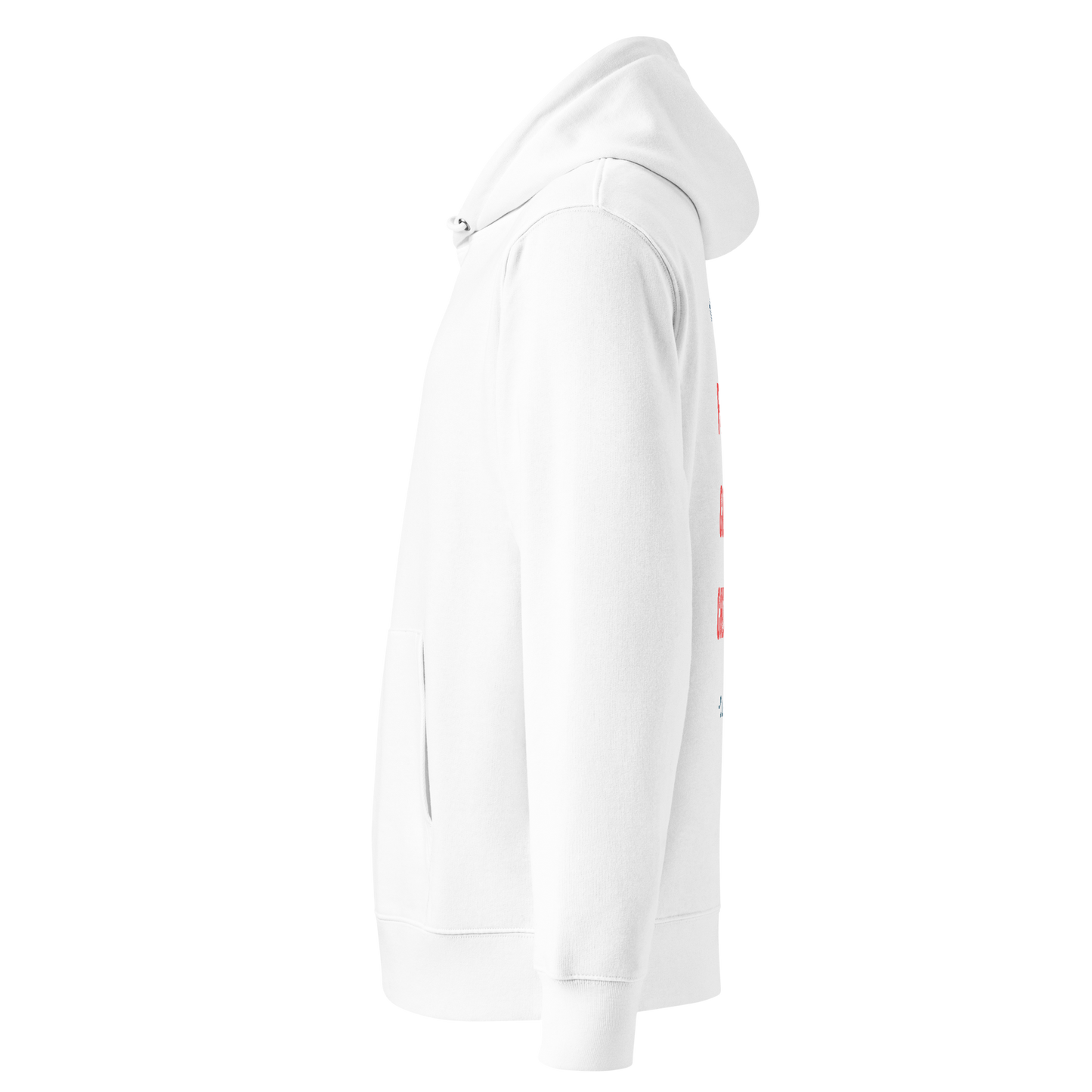 Left side of a white organic hoodie on a white background