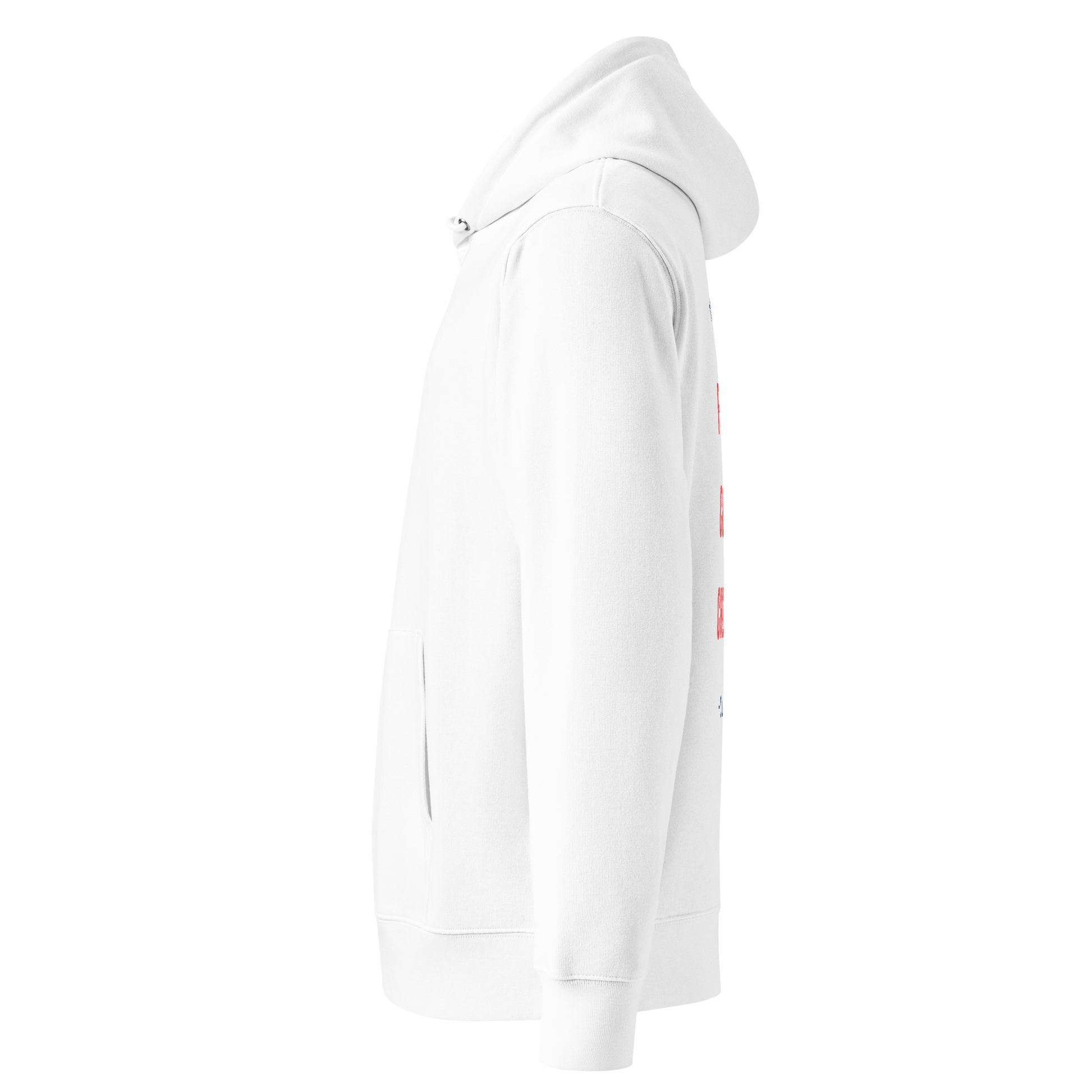 Left side of a white organic hoodie on a white background