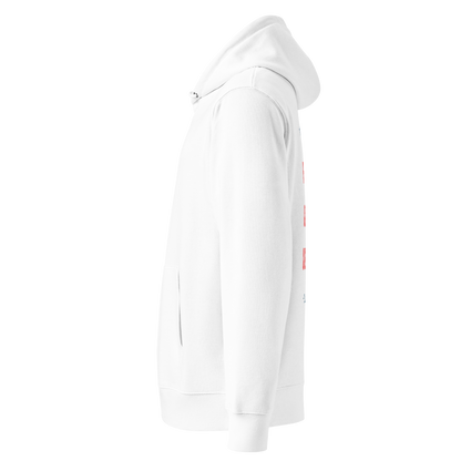 Left side of a white organic hoodie on a white background
