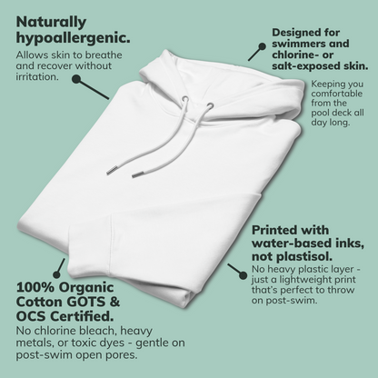 Folded white organic hoodie with text highlighting its features on a light green background