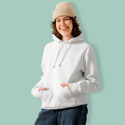 Person wearing a white swim mom organic hoodie and beige beanie against a light green background 