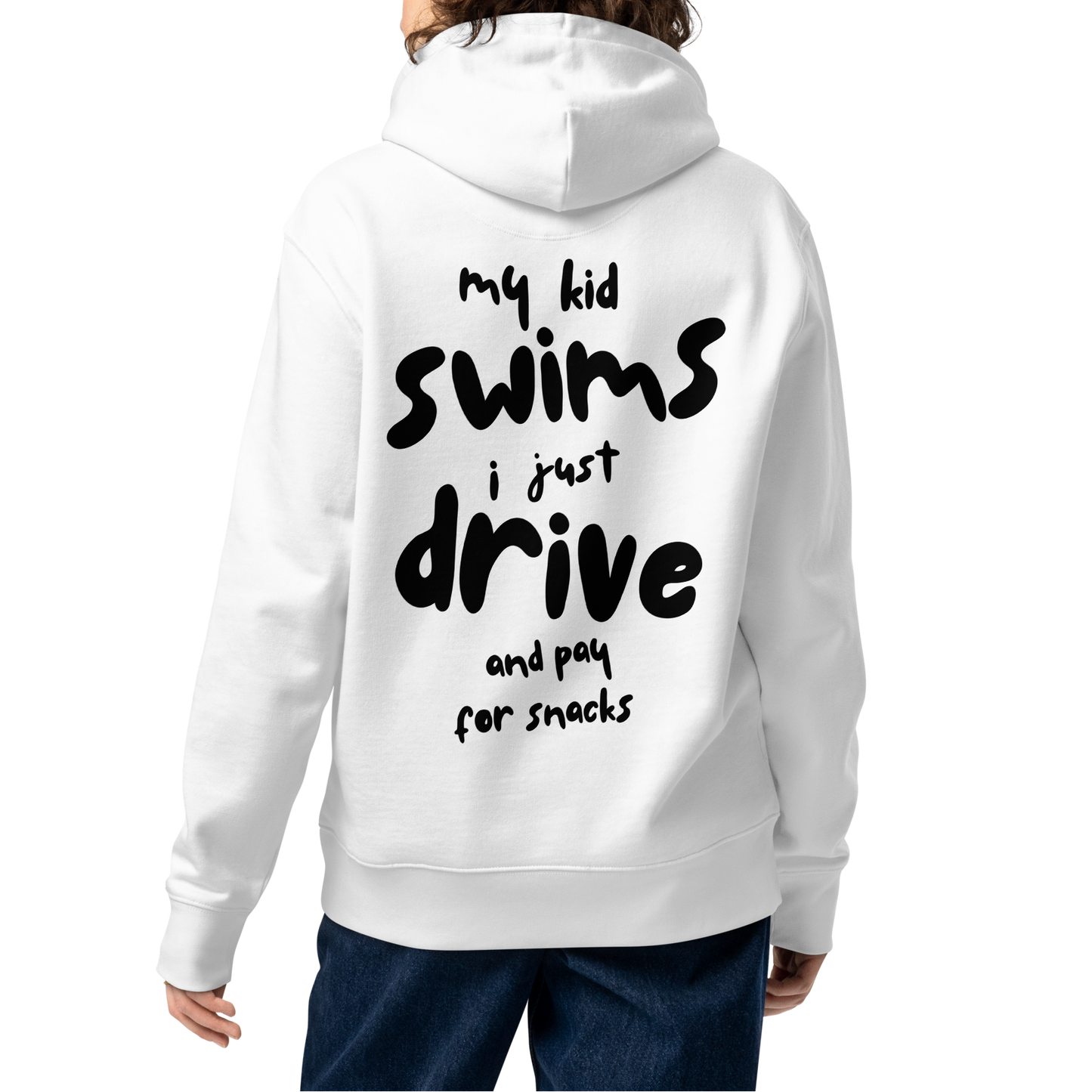 Person wearing a white swim mom organic hoodie with text on the back, standing against a white background