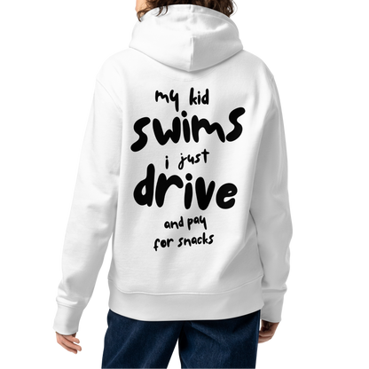 Person wearing a white swim mom organic hoodie with text on the back, standing against a white background