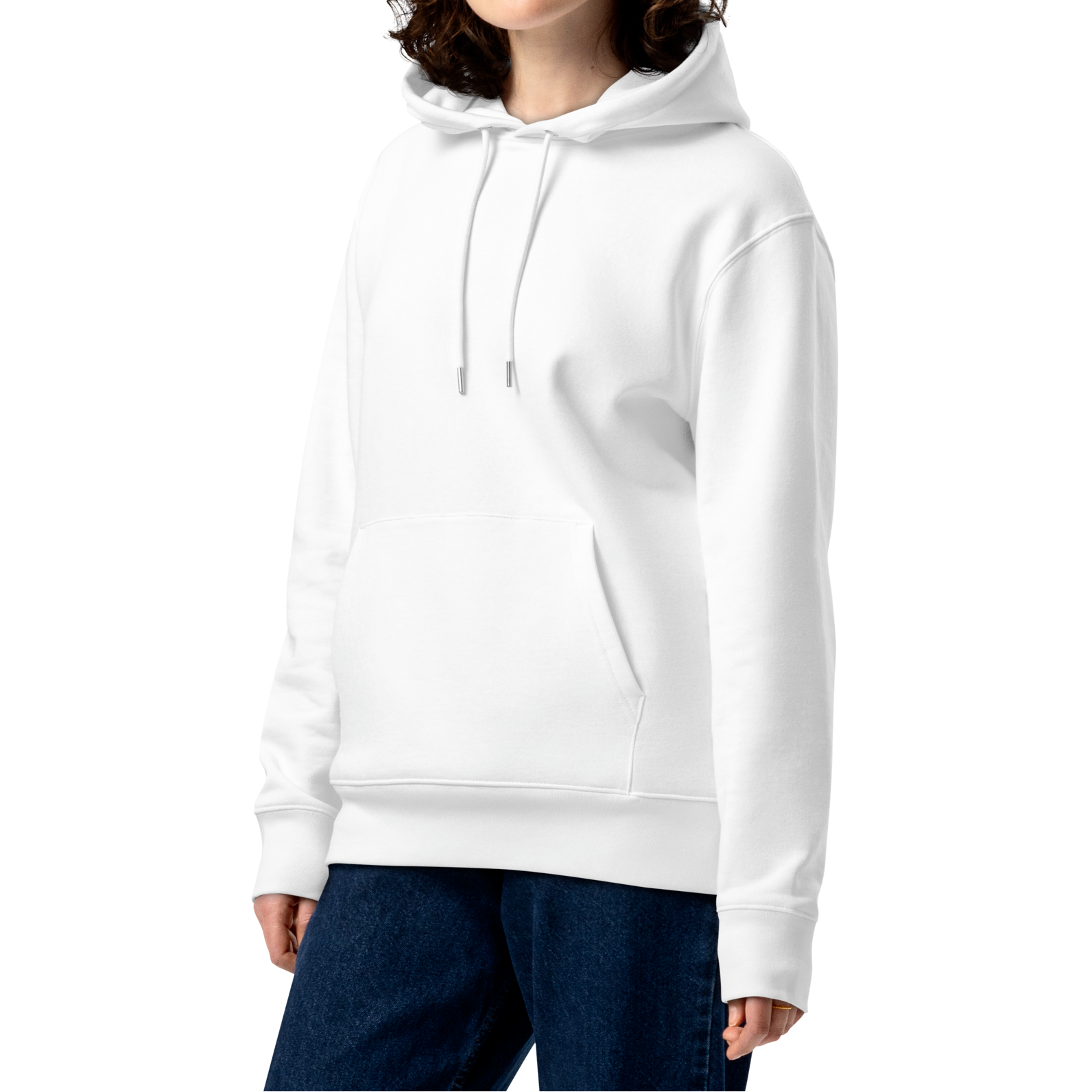 Person wearing a white swim mom organic hoodie on a white background - funny swim mom sweatshirt by Lane Line Threads.
