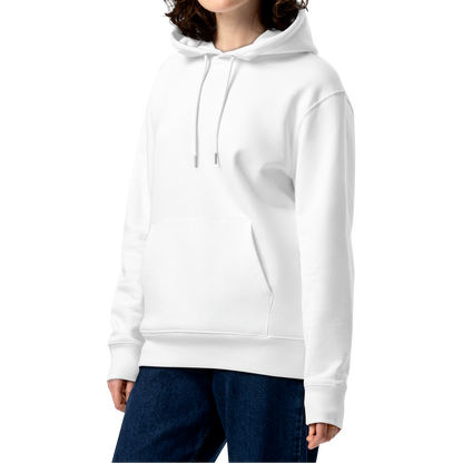 Person wearing a white swim mom organic hoodie on a white background - funny swim mom sweatshirt by Lane Line Threads.