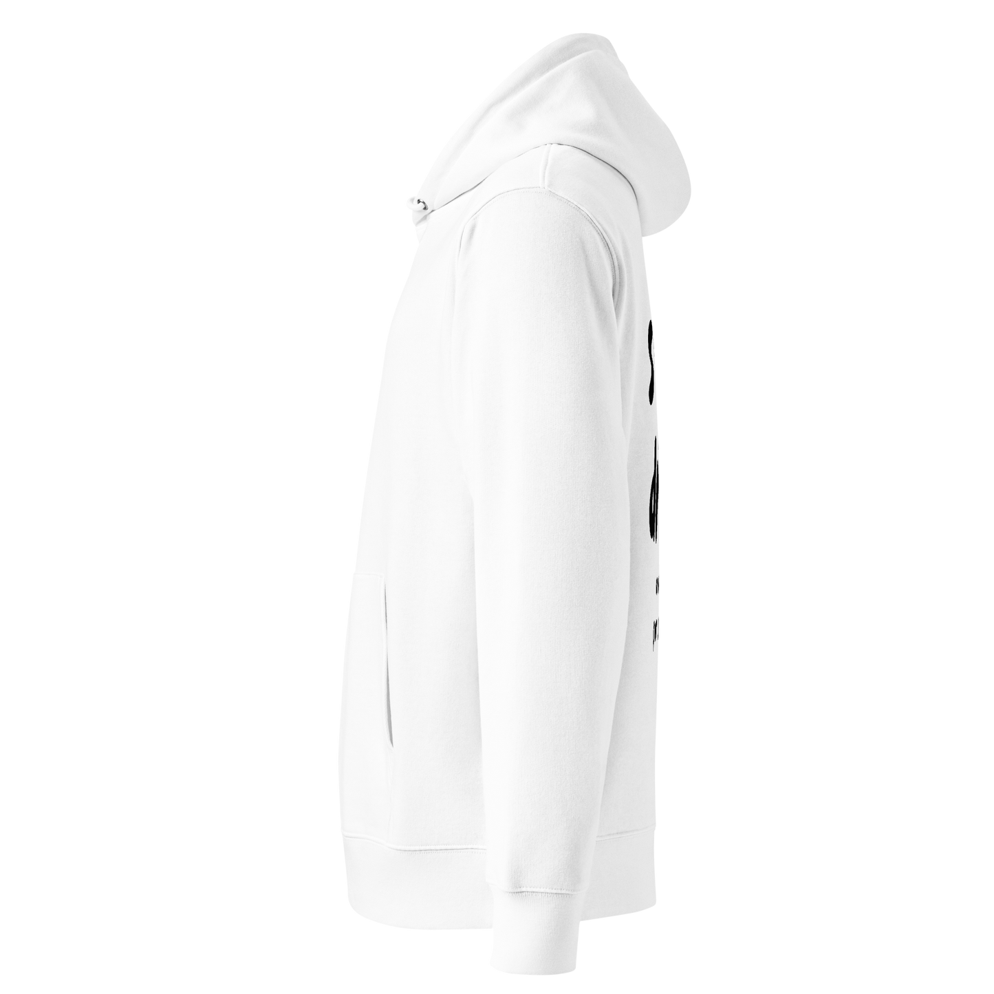 White swim mom organic hoodie with bold black hand-lettered graphic on the back reading "my kid swims i just drive and pay for snacks" — funny swim mom sweatshirt by Lane Line Threads.