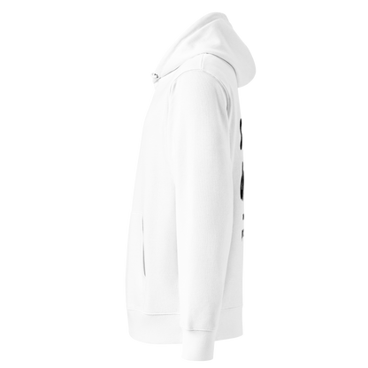 White swim mom organic hoodie with bold black hand-lettered graphic on the back reading "my kid swims i just drive and pay for snacks" — funny swim mom sweatshirt by Lane Line Threads.