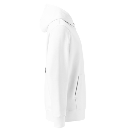 White organic hoodie with bold black hand-lettered graphic on the back reading "my kid swims i just drive and pay for snacks" — funny swim mom sweatshirt by Lane Line Threads.