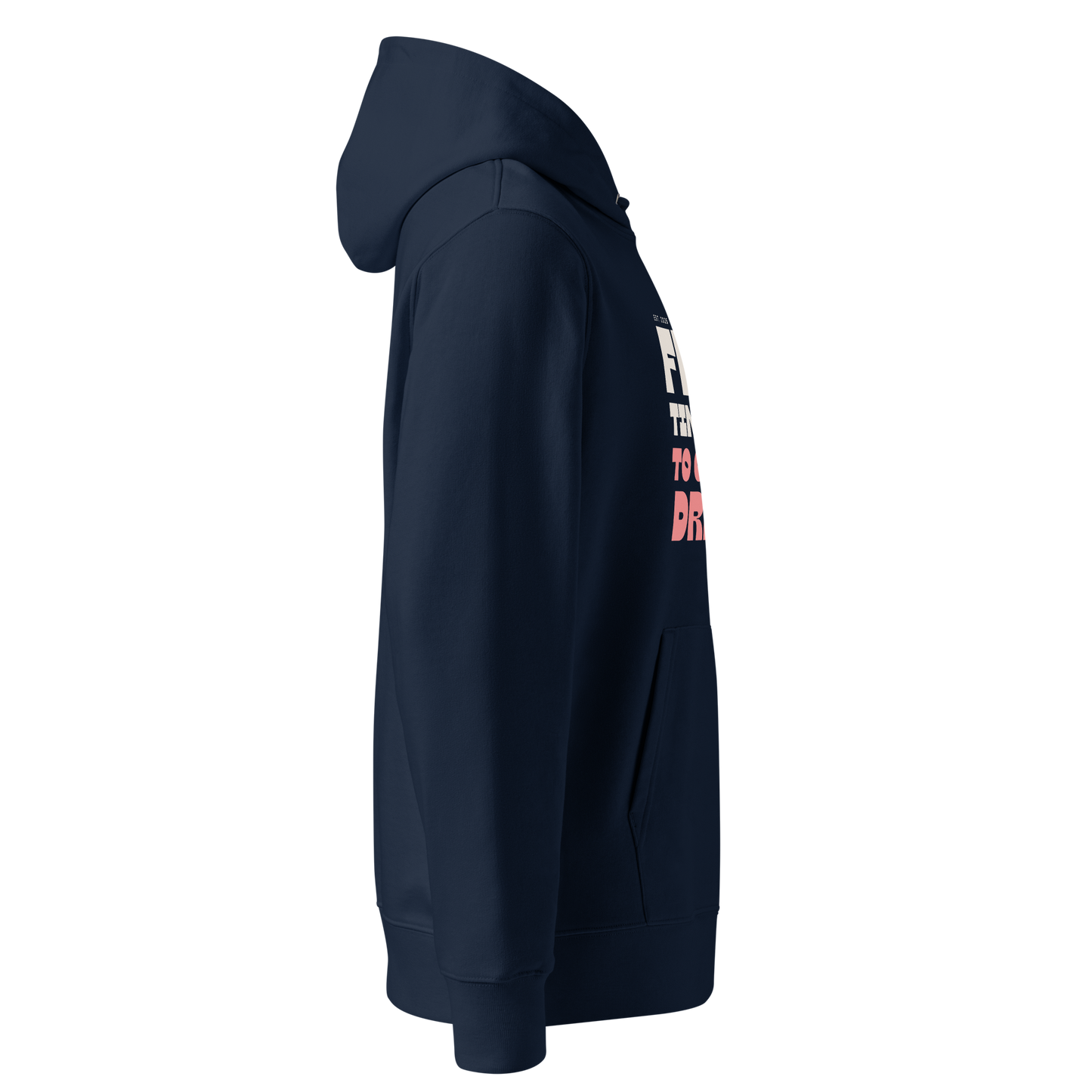 Right side of a navy-blue organic hoodie with a colorful graphic against a white background