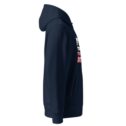Right side of a navy-blue organic hoodie with a colorful graphic against a white background