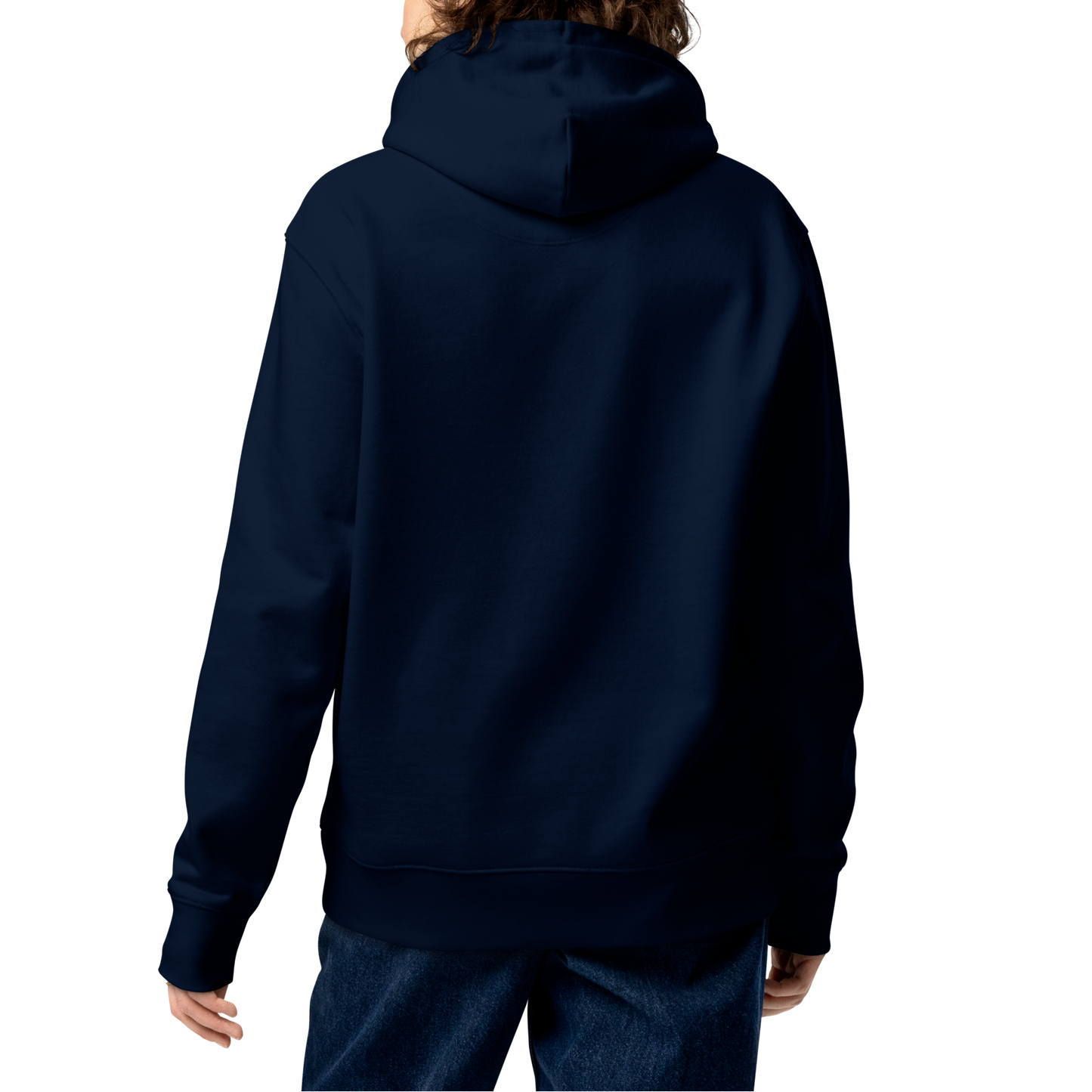 Person wearing a navy-blue organic hoodie on a white background