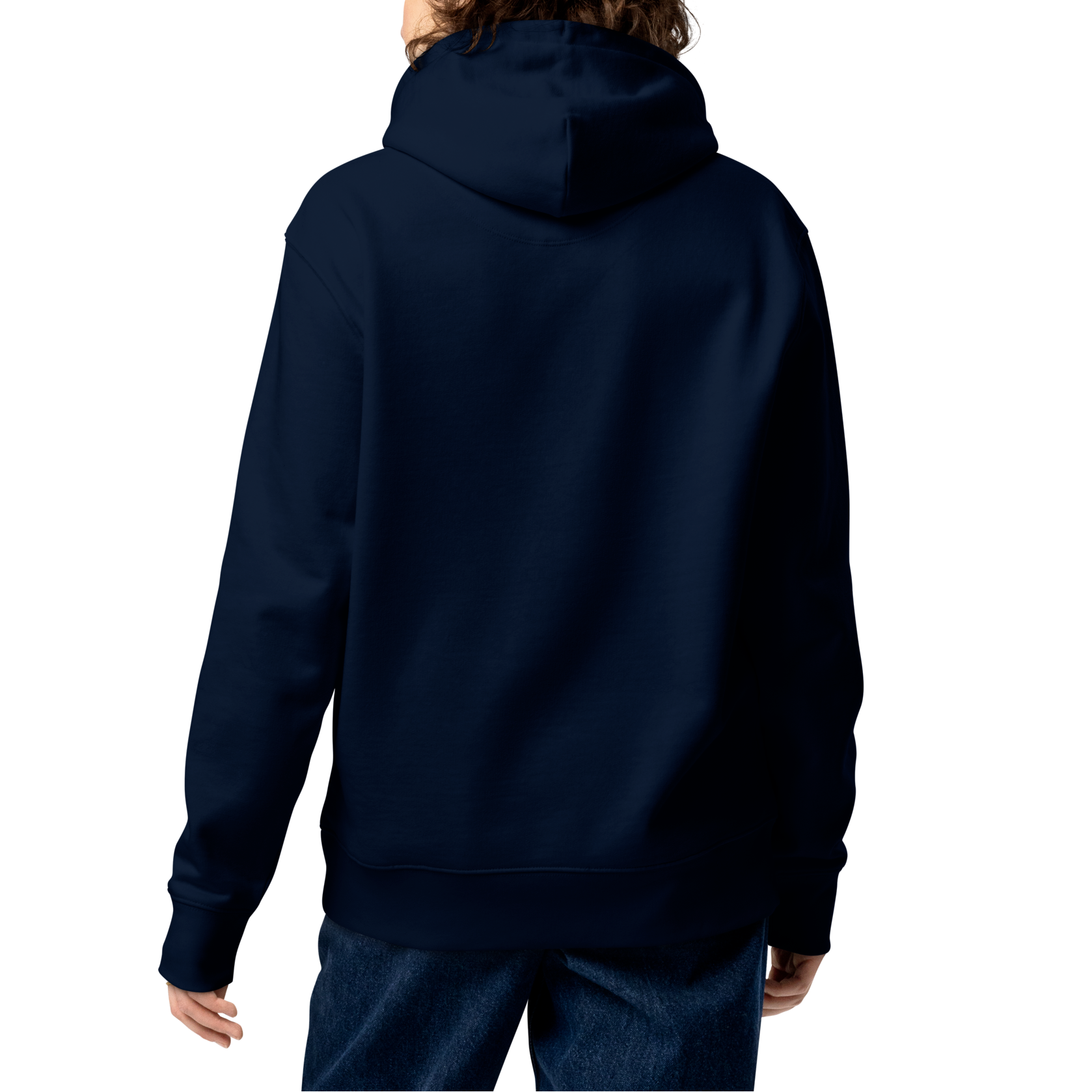 Person wearing a navy-blue organic hoodie on a white background