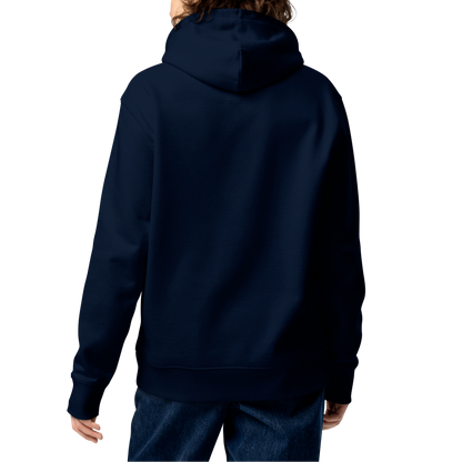 Person wearing a navy-blue organic hoodie on a white background