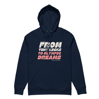 Navy swim mom organic hoodie with “From Tiny Kicks to Olympic Dreams – Proud Swim Mom” text in white and pink; 100% organic certified cotton for eco‑conscious swim families.