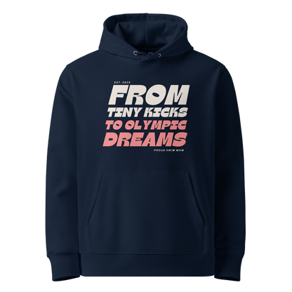 Navy swim mom organic hoodie with “From Tiny Kicks to Olympic Dreams – Proud Swim Mom” text in white and pink; 100% organic certified cotton for eco‑conscious swim families.