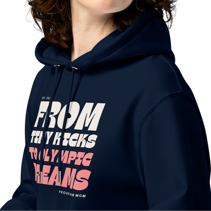 Person wearing a navy swim mom organic hoodie with text on a white background