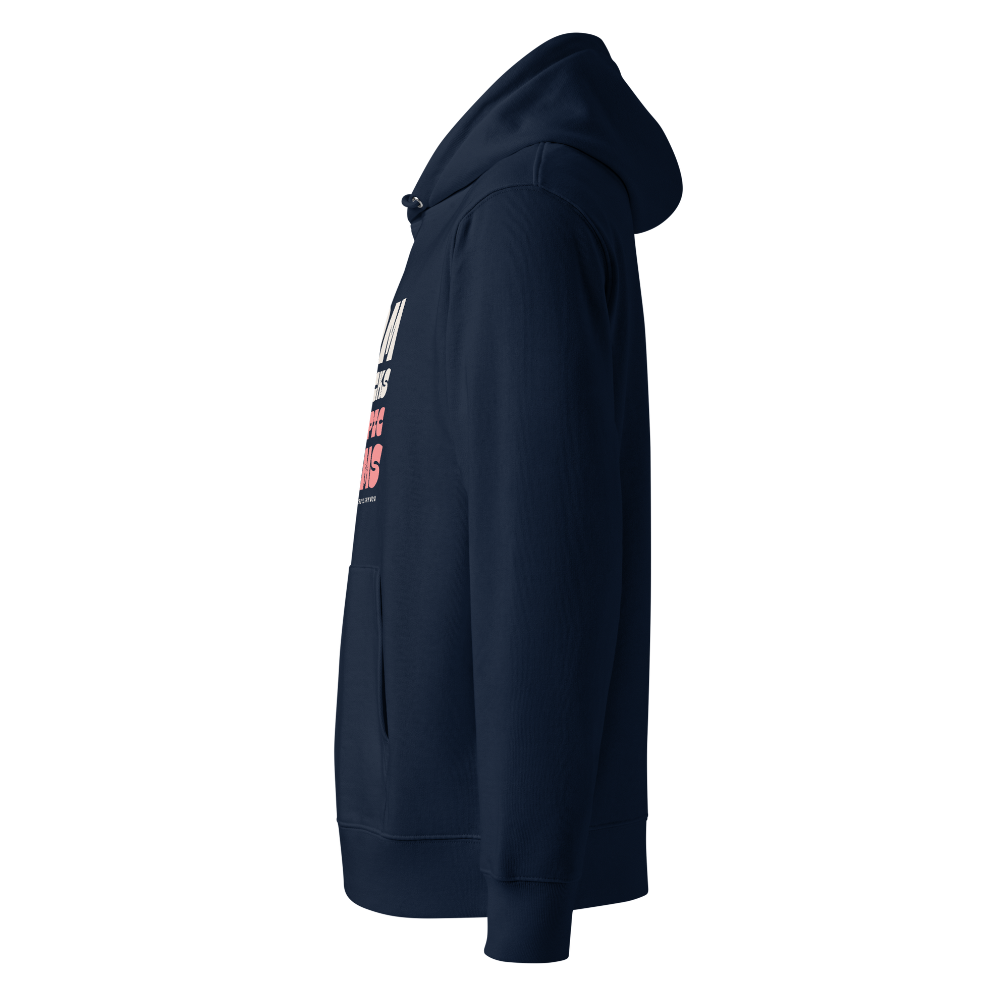 Left side of a navy-blue organic hoodie against a white backgrounde o