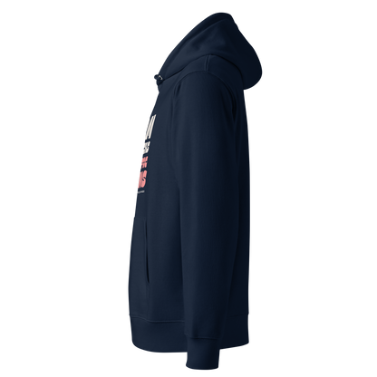 Left side of a navy-blue organic hoodie against a white backgrounde o