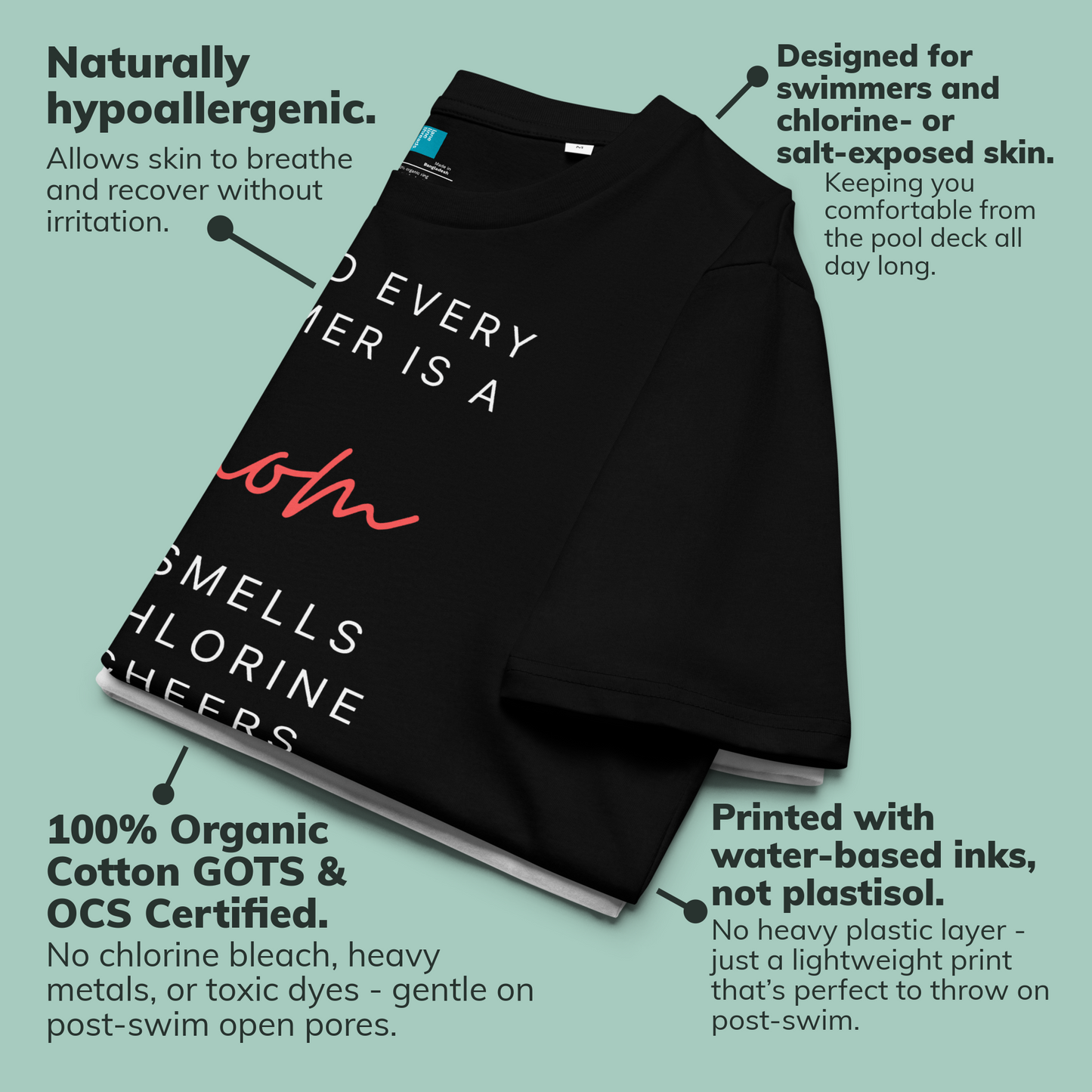 Black organic swim mom shirt with text on a light green background with product features highlighted.
