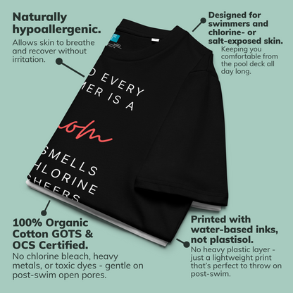 Black organic swim mom shirt with text on a light green background with product features highlighted.