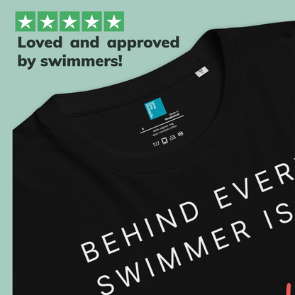 Black organic swim mom shirt with text on a light green background with product features highlighted.