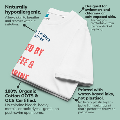 White organic swim mom shirt with text highlighting features on a green background