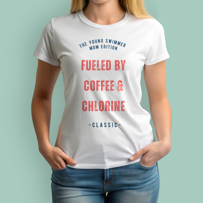 Person wearing a white organic swim mom shirt with text on a light green background