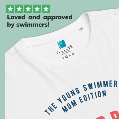 White organic swim mom shirt with text 'The Young Swimmer Mom Edition' and a Lane Line Threads brand label on a light green background.