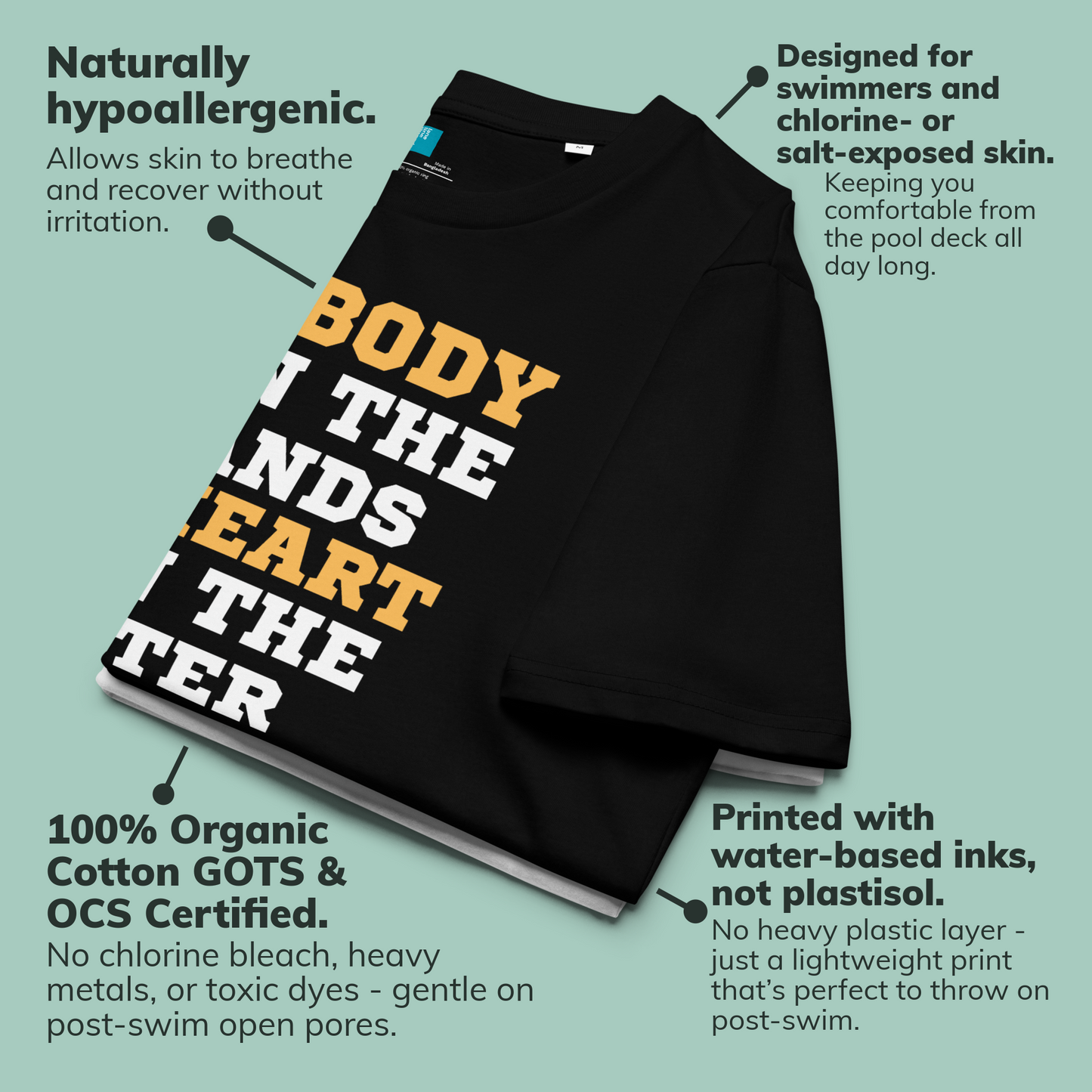 Black organic swim mom shirt with colorful text on a light green background with product features highlighted.
