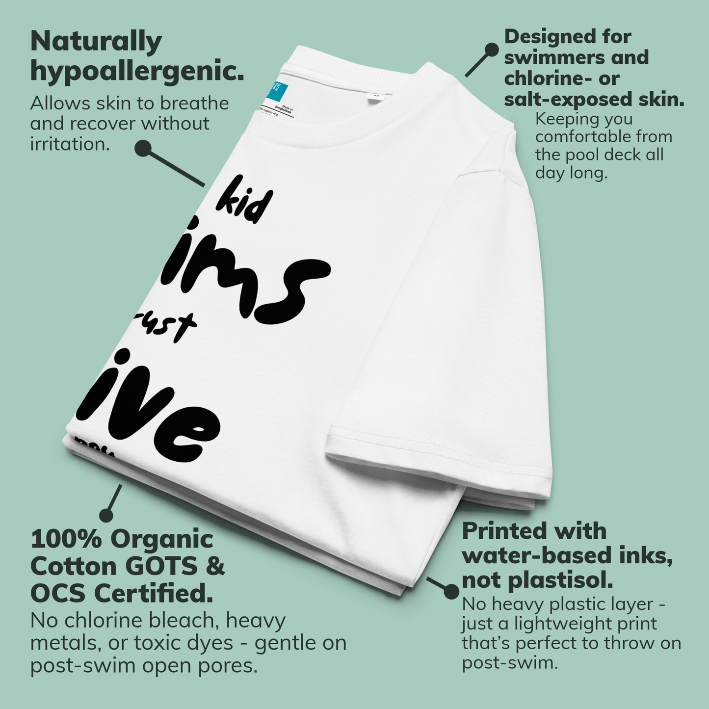 White organic swim mom shirt with black text on a light green background, featuring product details.