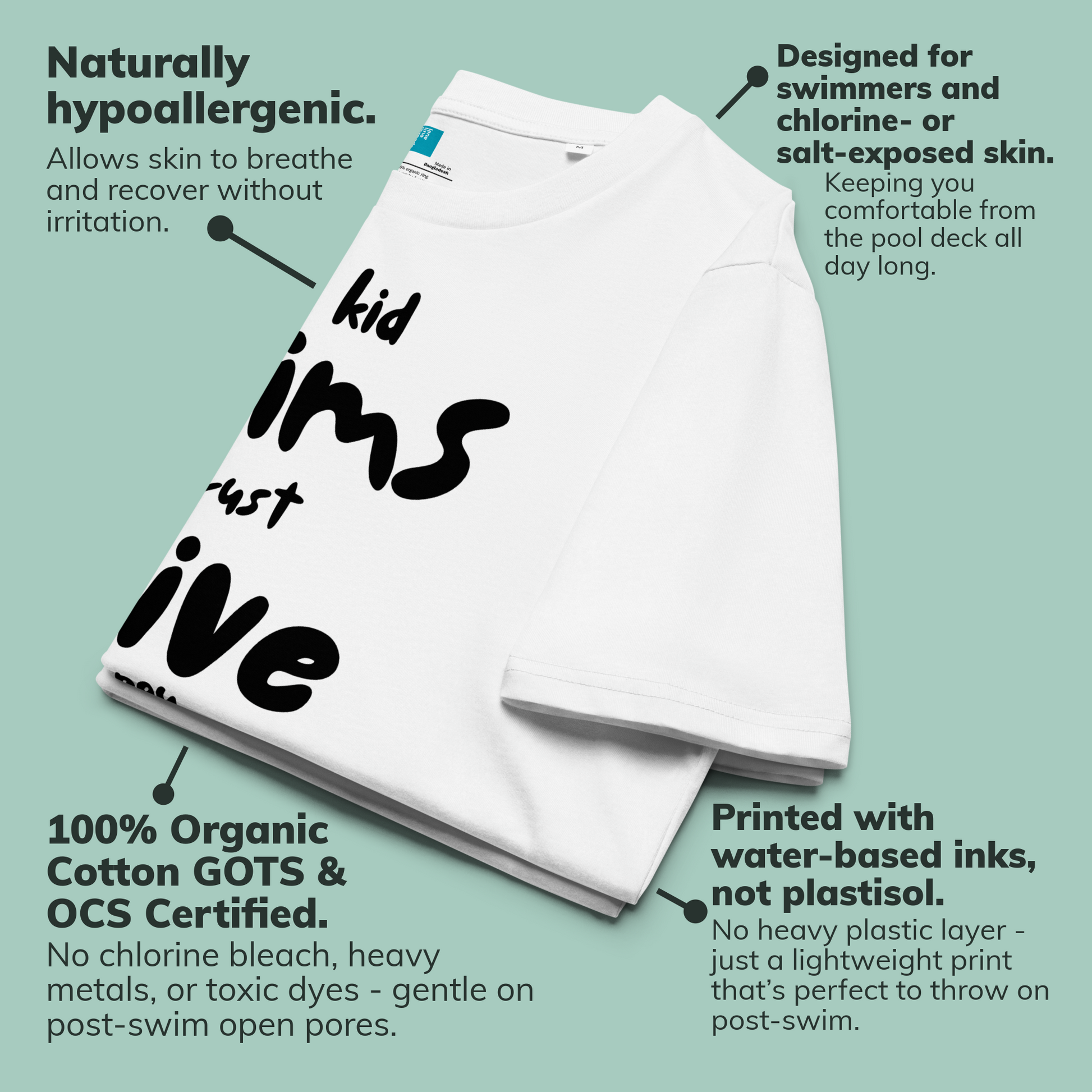 White organic swim mom shirt with black text on a light green background, featuring product details.