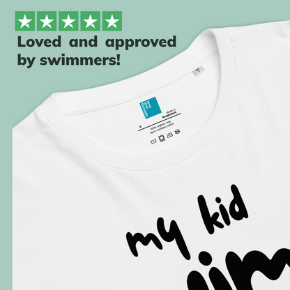 White organic swim mom shirt with 'my kid swims' text and Lane Line Threads brand label on a light green background