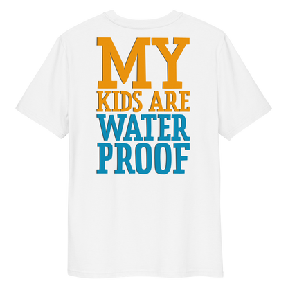 White swim mom organic cotton t-shirt with 'MY KIDS ARE WATER PROOF' text in orange and blue on a white background