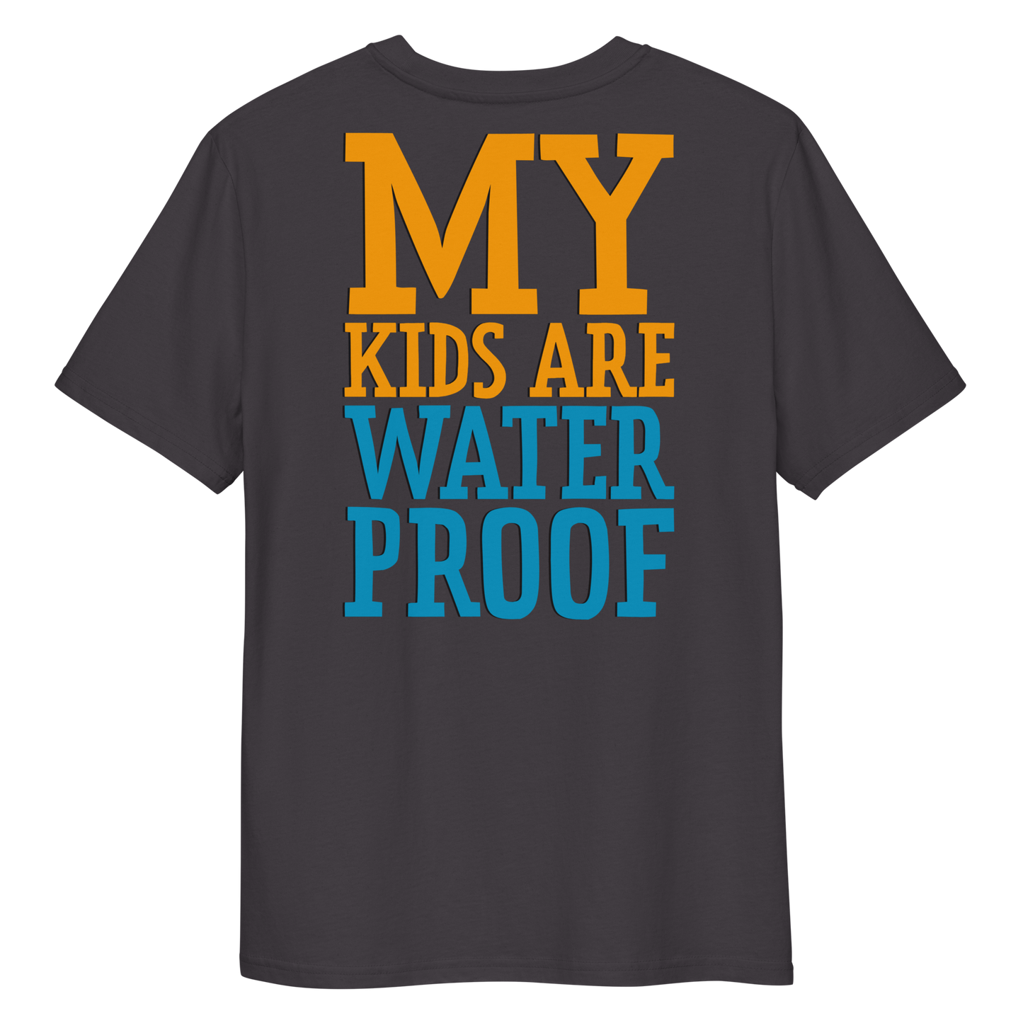 Anthracite swim mom organic cotton t-shirt with 'MY KIDS ARE WATERPROOF' text in orange and blue on a white background