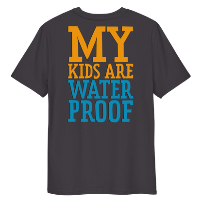 Anthracite swim mom organic cotton t-shirt with 'MY KIDS ARE WATERPROOF' text in orange and blue on a white background