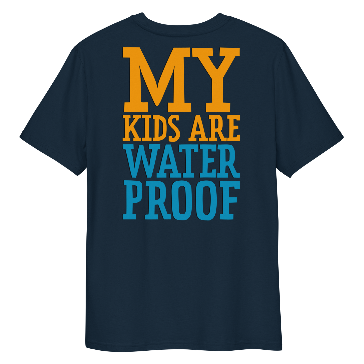 Navy swim mom organic cotton t-shirt with 'MY KIDS ARE WATERPROOF' text in orange and blue on a white background