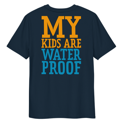 Navy swim mom organic cotton t-shirt with 'MY KIDS ARE WATERPROOF' text in orange and blue on a white background