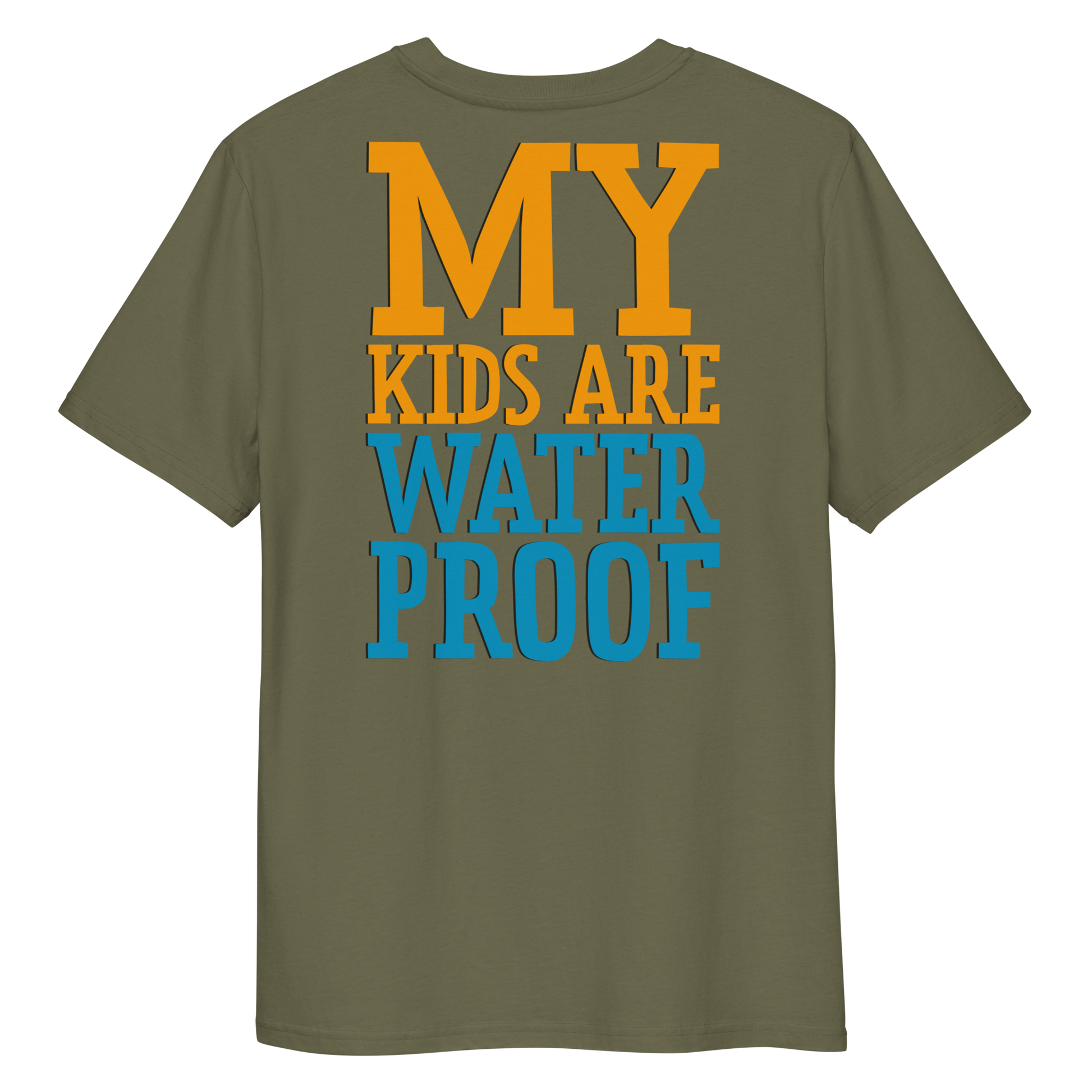 Khaki swim mom organic cotton t-shirt with 'MY KIDS ARE WATERPROOF' text on a white background