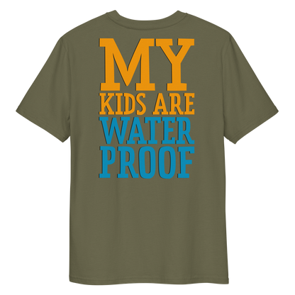 Khaki swim mom organic cotton t-shirt with 'MY KIDS ARE WATERPROOF' text on a white background