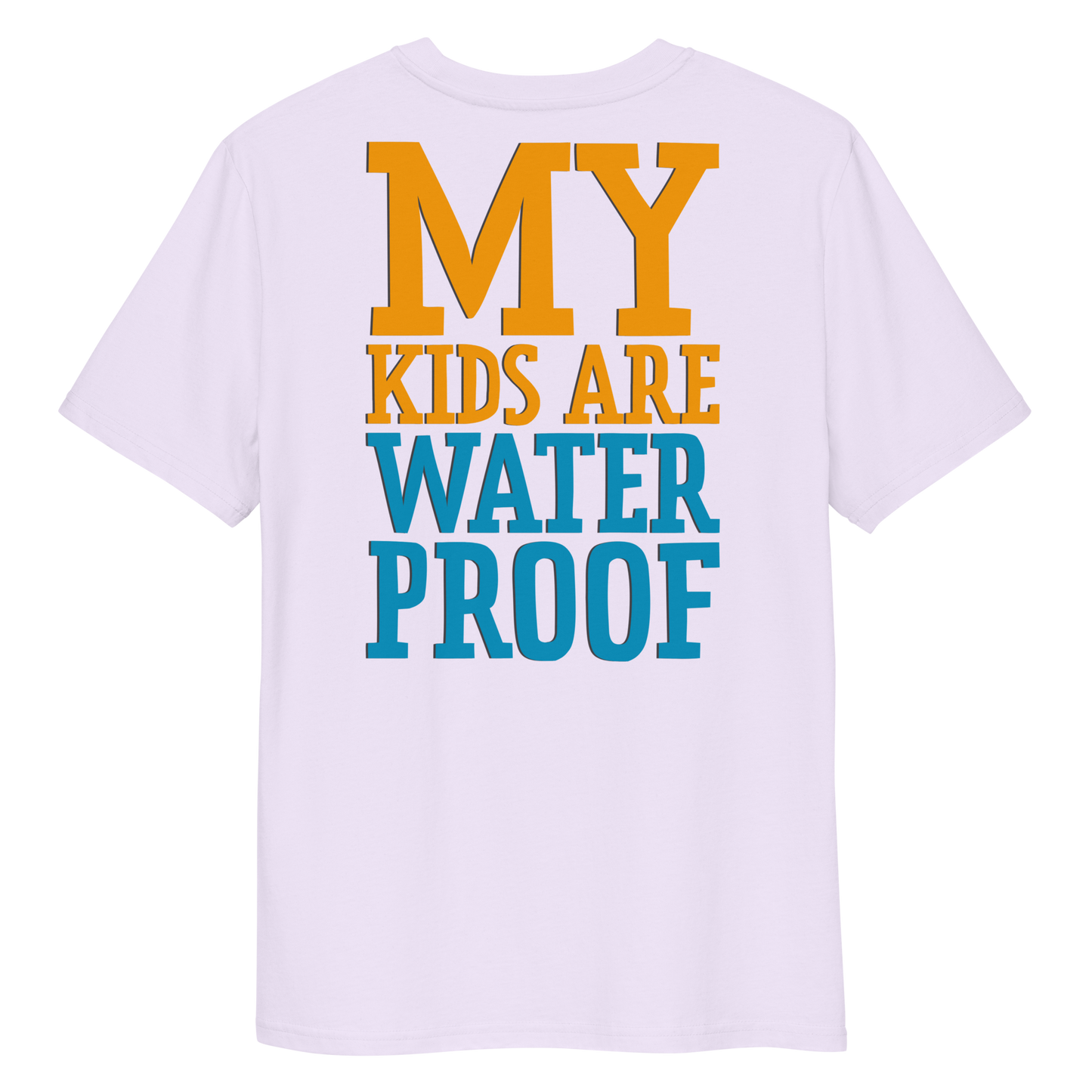 Lavender swim mom organic cotton t-shirt with 'MY KIDS ARE WATERPROOF' text in yellow and blue on a white background