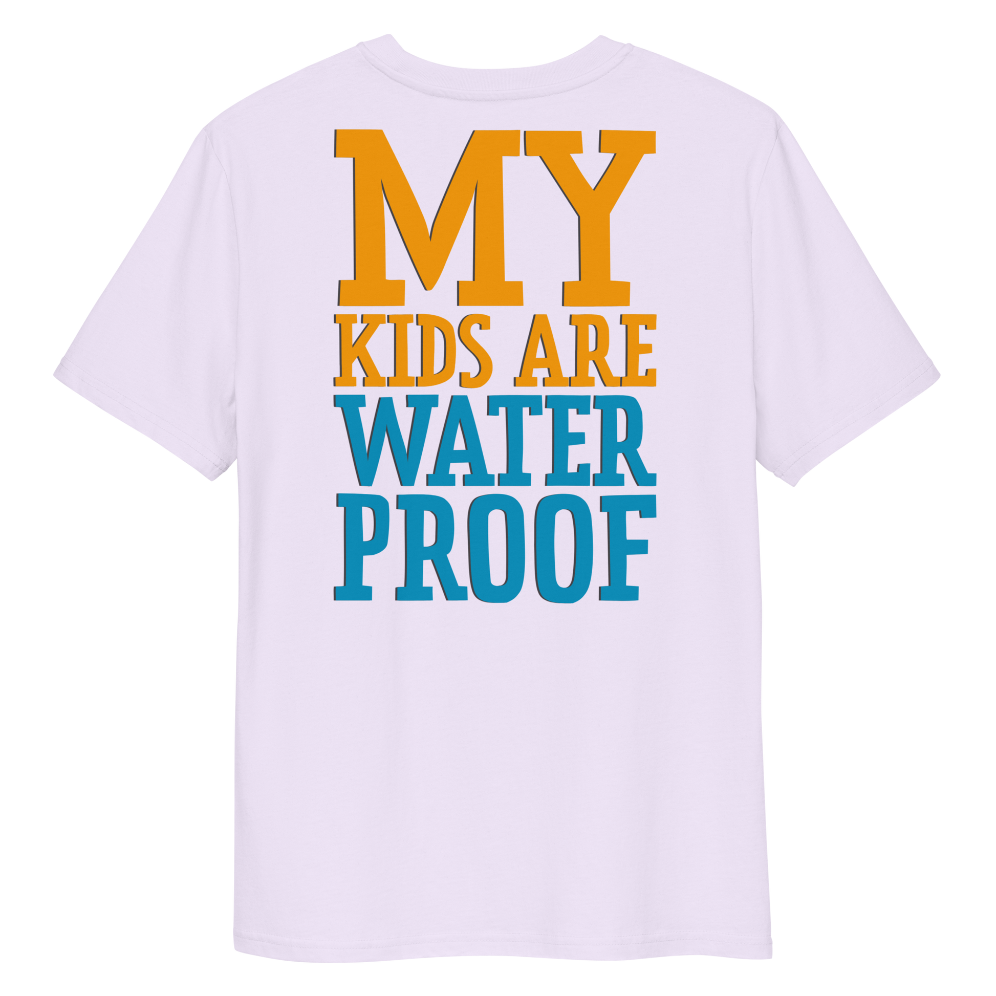 Lavender swim mom organic cotton t-shirt with 'MY KIDS ARE WATERPROOF' text in yellow and blue on a white background