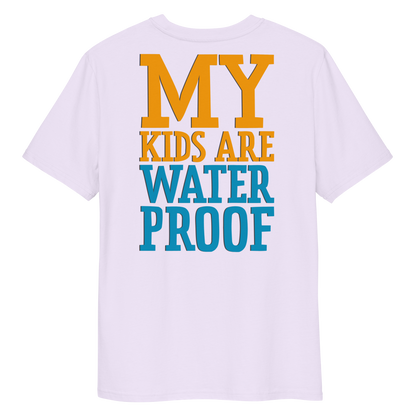 Lavender swim mom organic cotton t-shirt with 'MY KIDS ARE WATERPROOF' text in yellow and blue on a white background