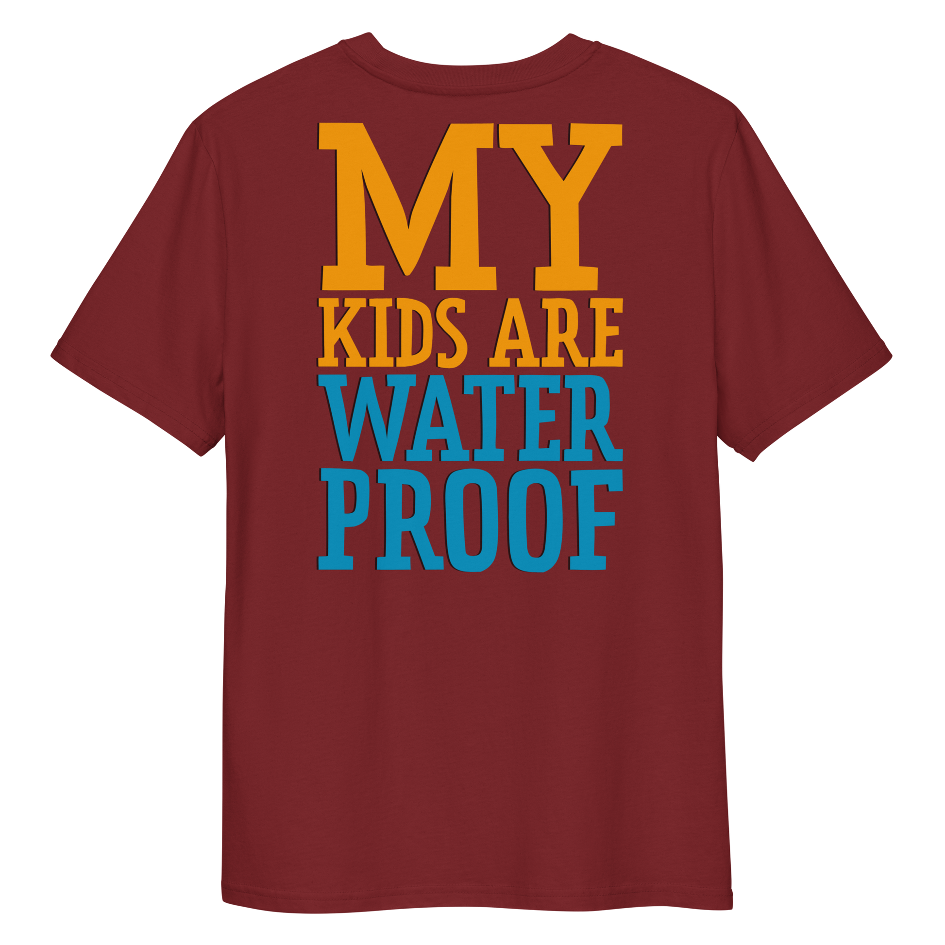 Maroon swim mom organic cotton t-shirt with 'MY KIDS ARE WATERPROOF' text in yellow and blue on a white background