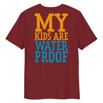 Maroon swim mom organic cotton t-shirt with 'MY KIDS ARE WATERPROOF' text in yellow and blue on a white background