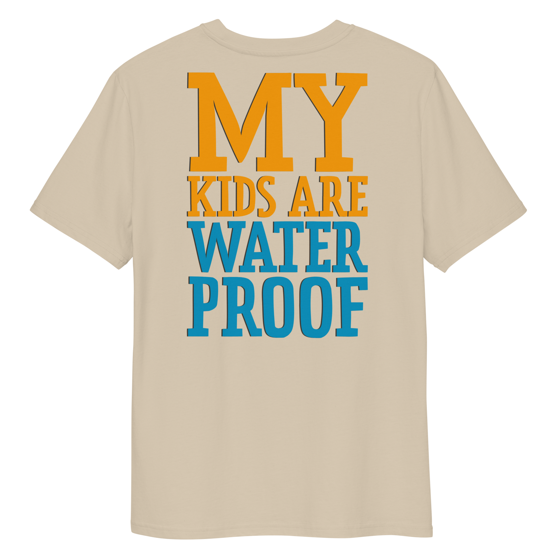 Beige swim mom organic cotton t-shirt with 'MY KIDS ARE WATERPROOF' text in orange and blue on a white background