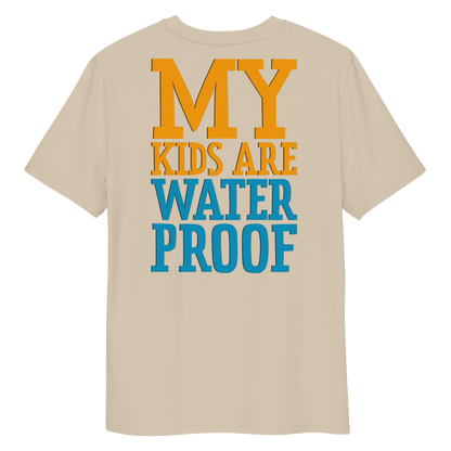 Beige swim mom organic cotton t-shirt with 'MY KIDS ARE WATERPROOF' text in orange and blue on a white background