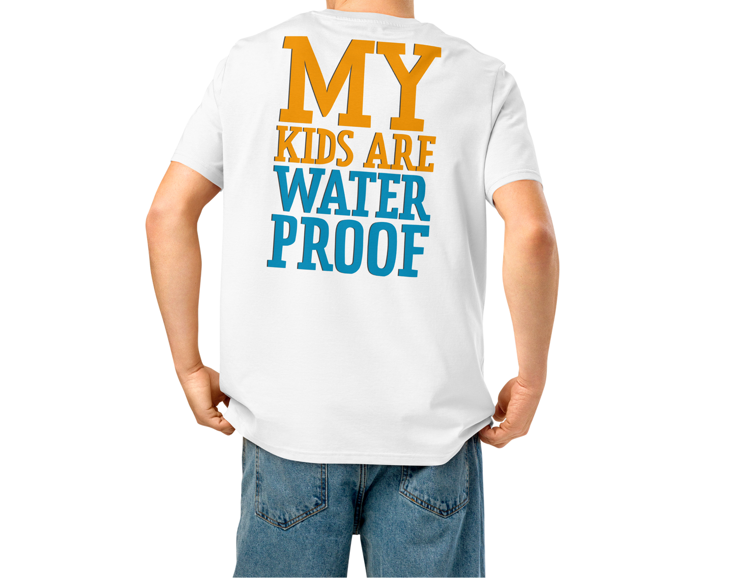 Person wearing a white swim mom organic cotton t-shirt with 'MY KIDS ARE WATERPROOF' text on the back.